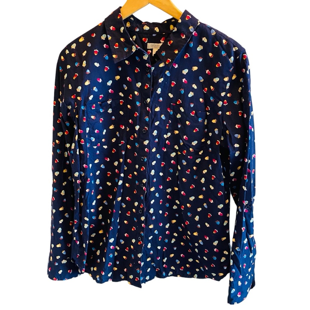 ⭐️ Talbots Fall Classic Acorn Print Cotton Shirt in Navy Blue Size Medium